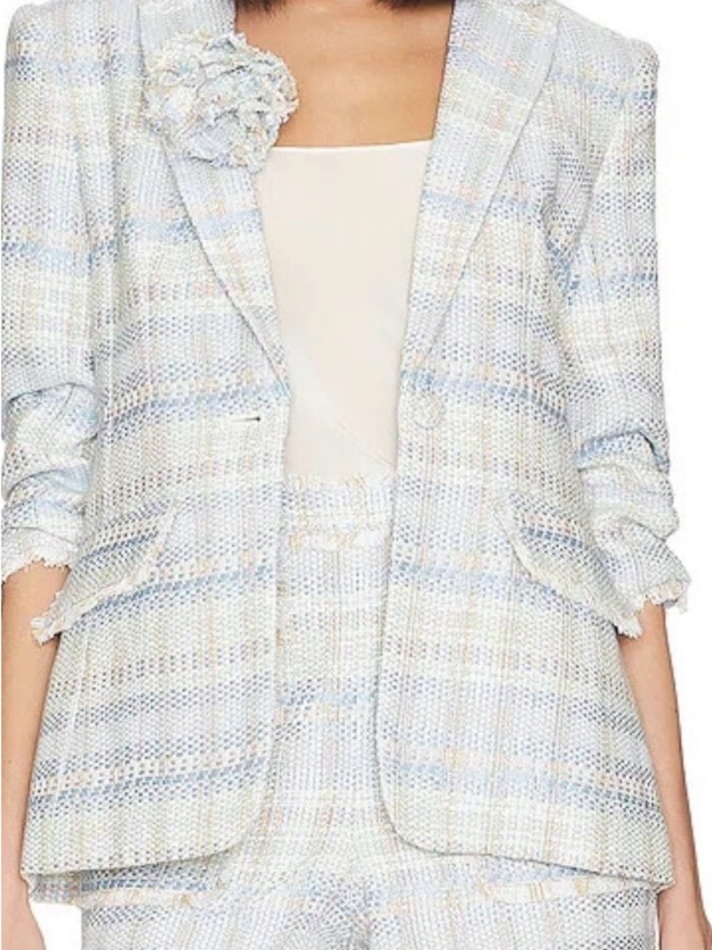 cinq a sept Light Blue and White Bouclé Blazer with Floral Pin